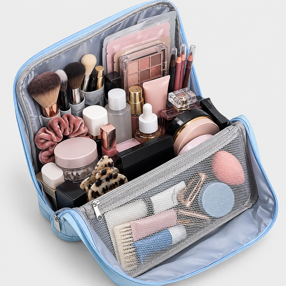 Borsa da viaggio portatile per articoli da toilette con fascia per il manico del bagaglio e scomparti multipli