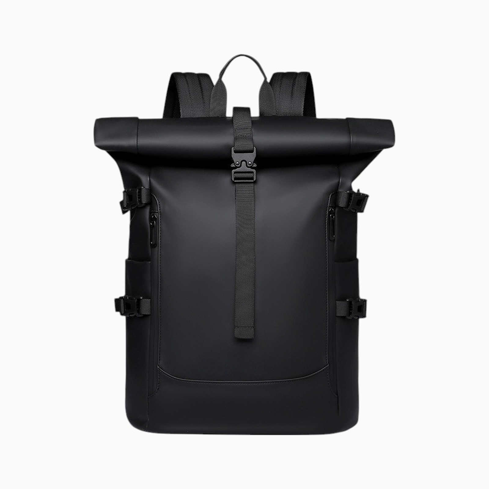 Roll-top laptoprugzak zwart, vooraanzicht