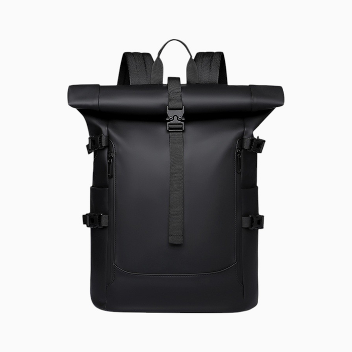 Roll-top laptoprugzak zwart, vooraanzicht