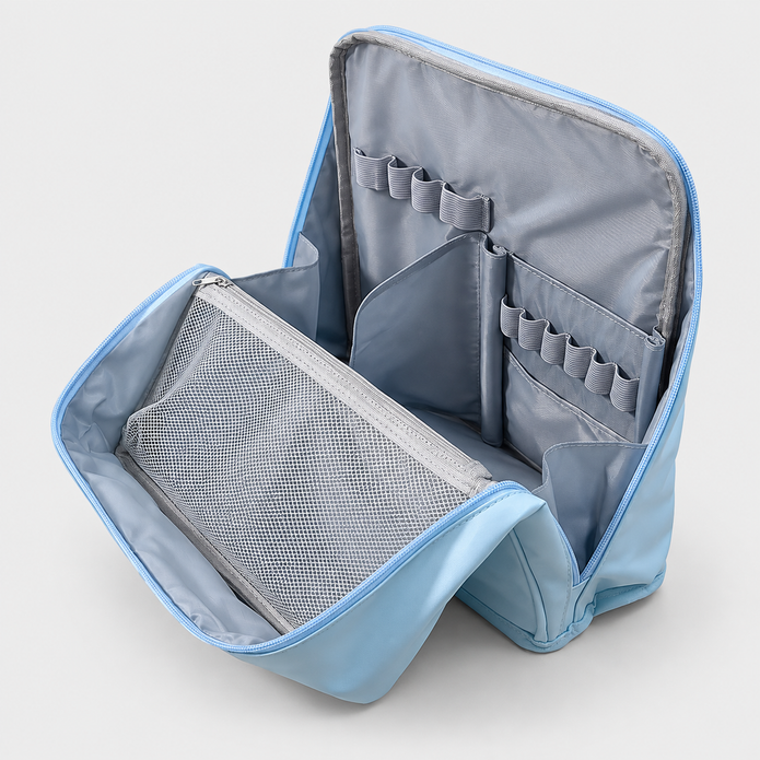 Borsa da viaggio portatile per articoli da toilette con fascia per il manico del bagaglio e scomparti multipli