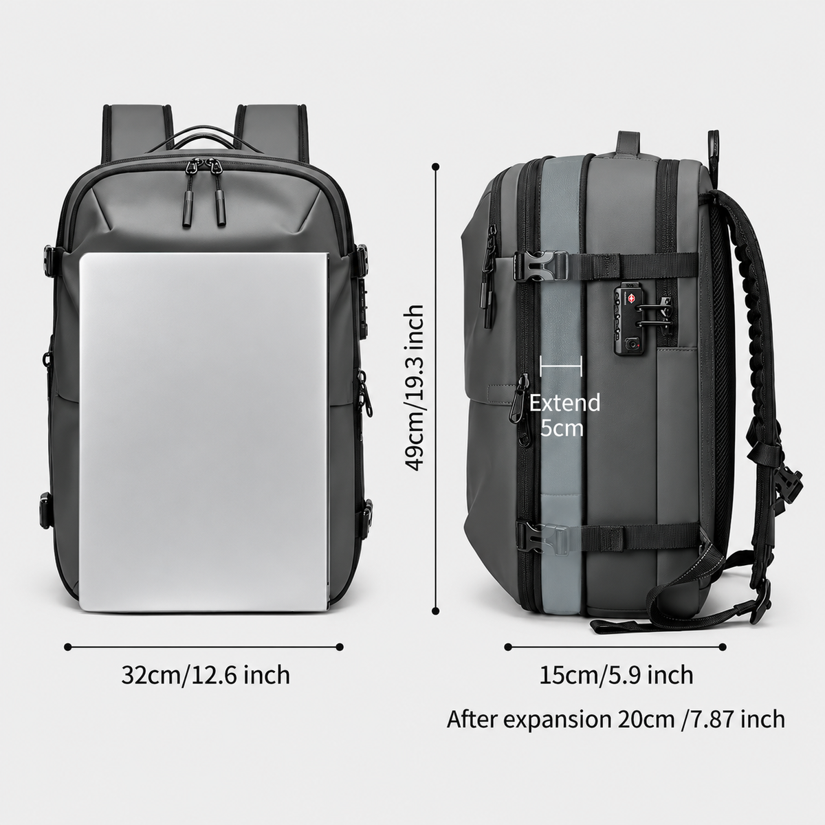 Dimensiuni - Rucsac de voiaj extensibil cu compresie prin vid de 60L, cu pompă de aer electrică și încuietoare TSA