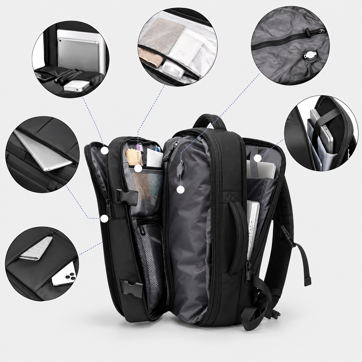 Rucsac de voiaj cu compresie prin vacuum, extensibil, de 40L, cu compartiment pentru laptop