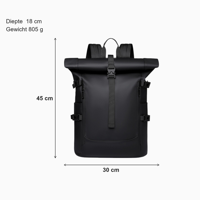 Afmetingen rugzak: 45 cm hoog, 30 cm breed, 18 cm diep, 805 gram