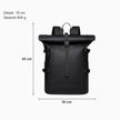 Afmetingen rugzak: 45 cm hoog, 30 cm breed, 18 cm diep, 805 gram