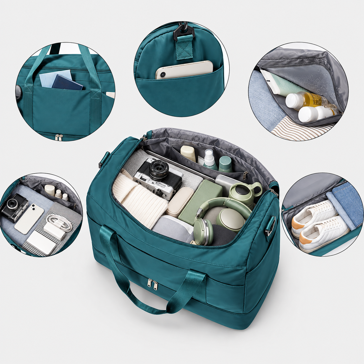 Multifunctional 43L Travel Duffel Bag with Trolley Sleeve, Shoe Pocket & Dry Wet Separation