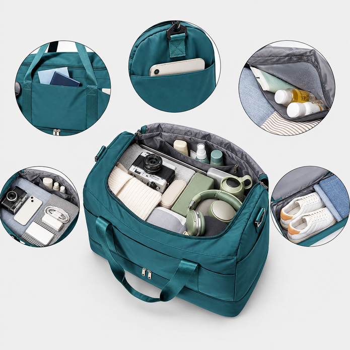 Multifunctional 43L Travel Duffel Bag with Trolley Sleeve, Shoe Pocket & Dry Wet Separation