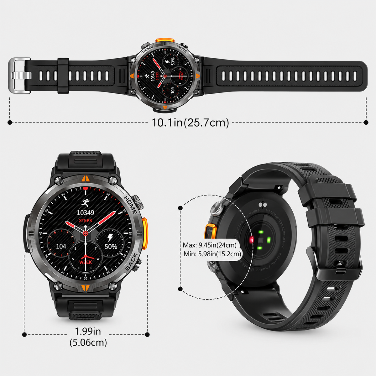 Dimensions - Tactical Outdoor Sports Smart Watch – Bluetooth Wireless Calling, 300mAh Long Battery Life & Fitness Tracker