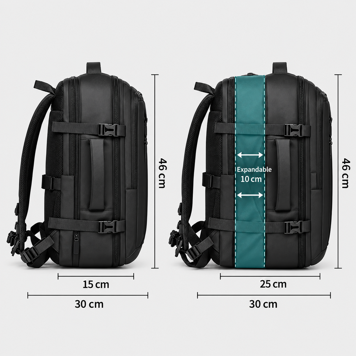 Dimensiuni - Rucsac de voiaj cu compresie prin vacuum, extensibil, de 40L, cu compartiment pentru laptop