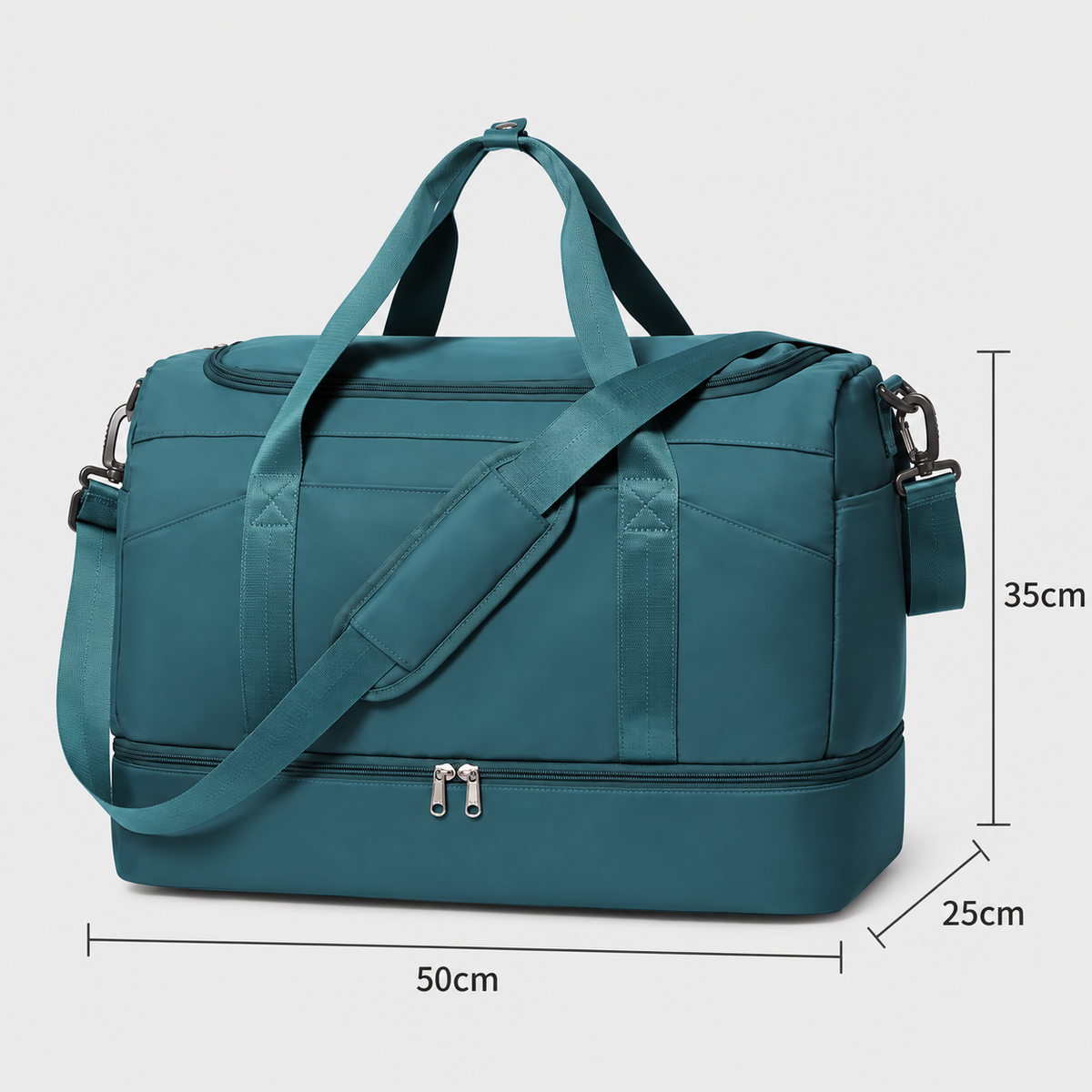 Dimensions - Multifunctional 43L Travel Duffel Bag with Trolley Sleeve, Shoe Pocket & Dry Wet Separation