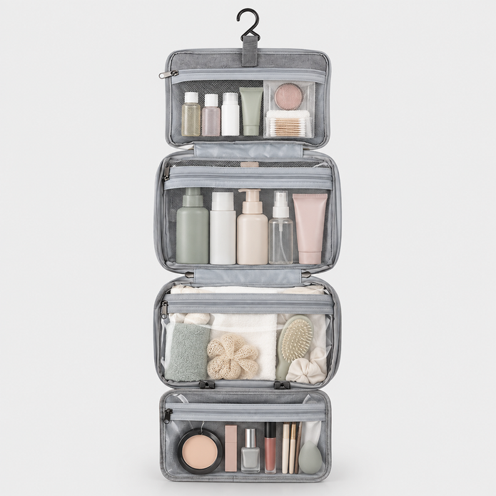4-Section Foldable Hanging Toiletry Bag with Waterproof Compartments