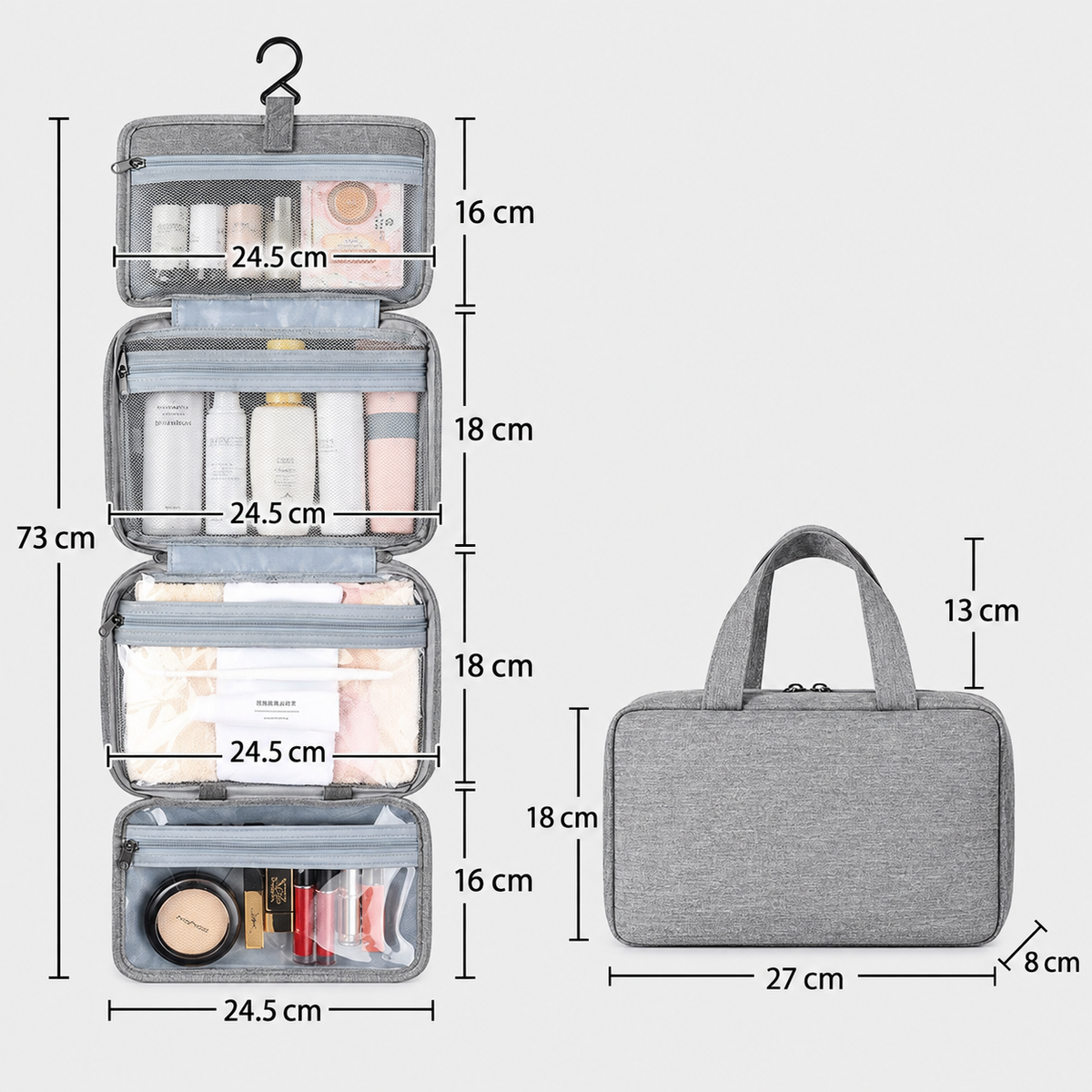 Dimensions - 4-Section Foldable Hanging Toiletry Bag with Waterproof Compartments
